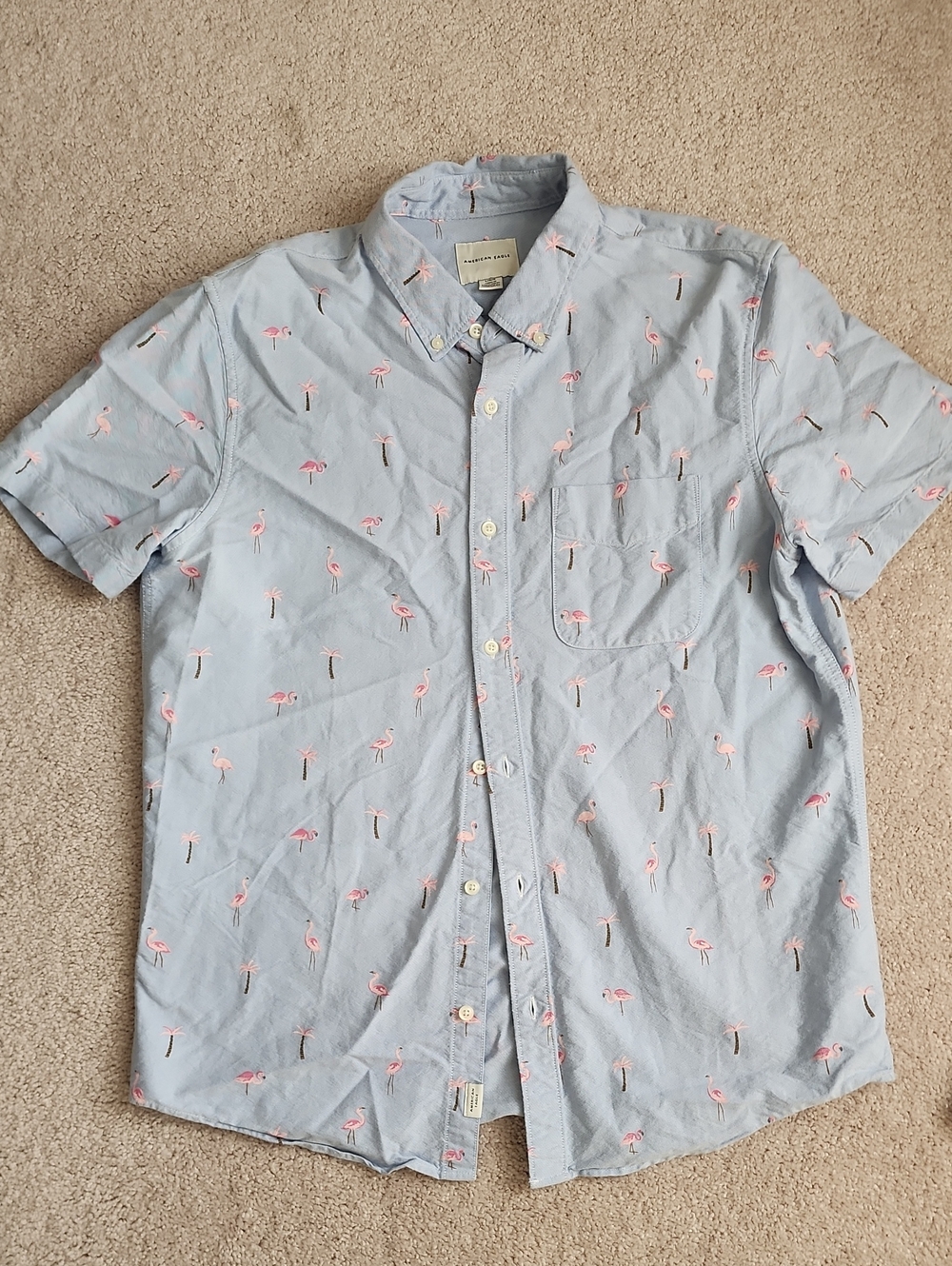 American Eagle Outfitters Light Blue Short Sleeve Flamingo Button-Down Shirt
